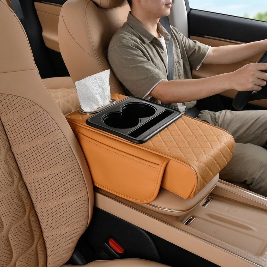 Multifunctional Car Armrest Storage Bag – with Cup Holder and Built-in Compartment