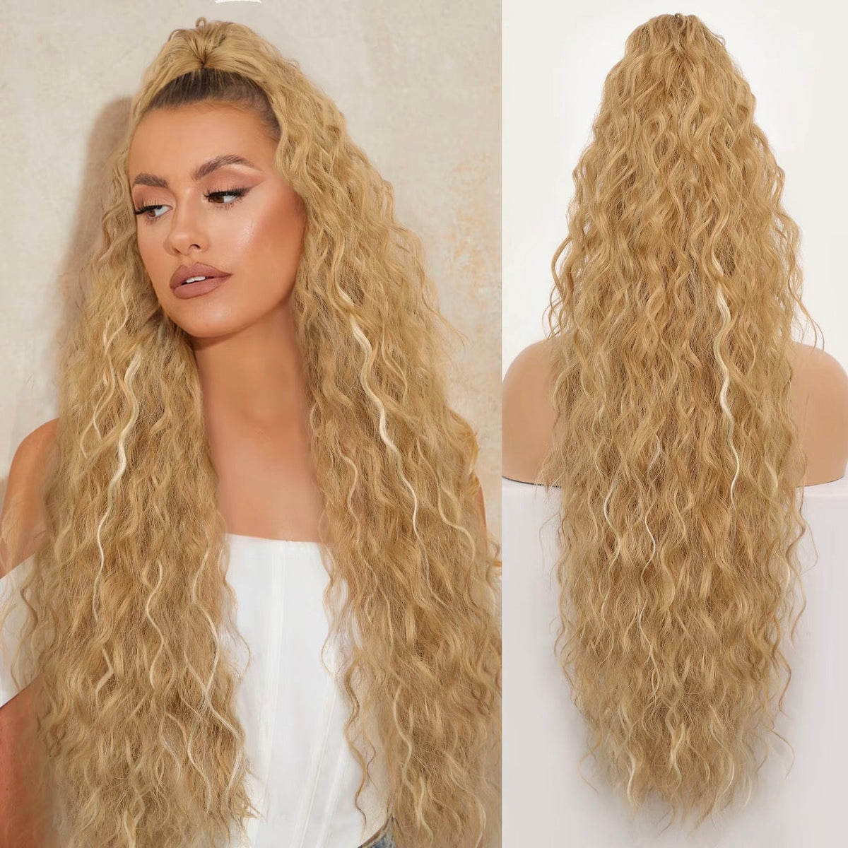 Long Wavy Ponytail Extension (Water Wave) – Voluminous Claw Clip Ponytail for Everyday & Parties