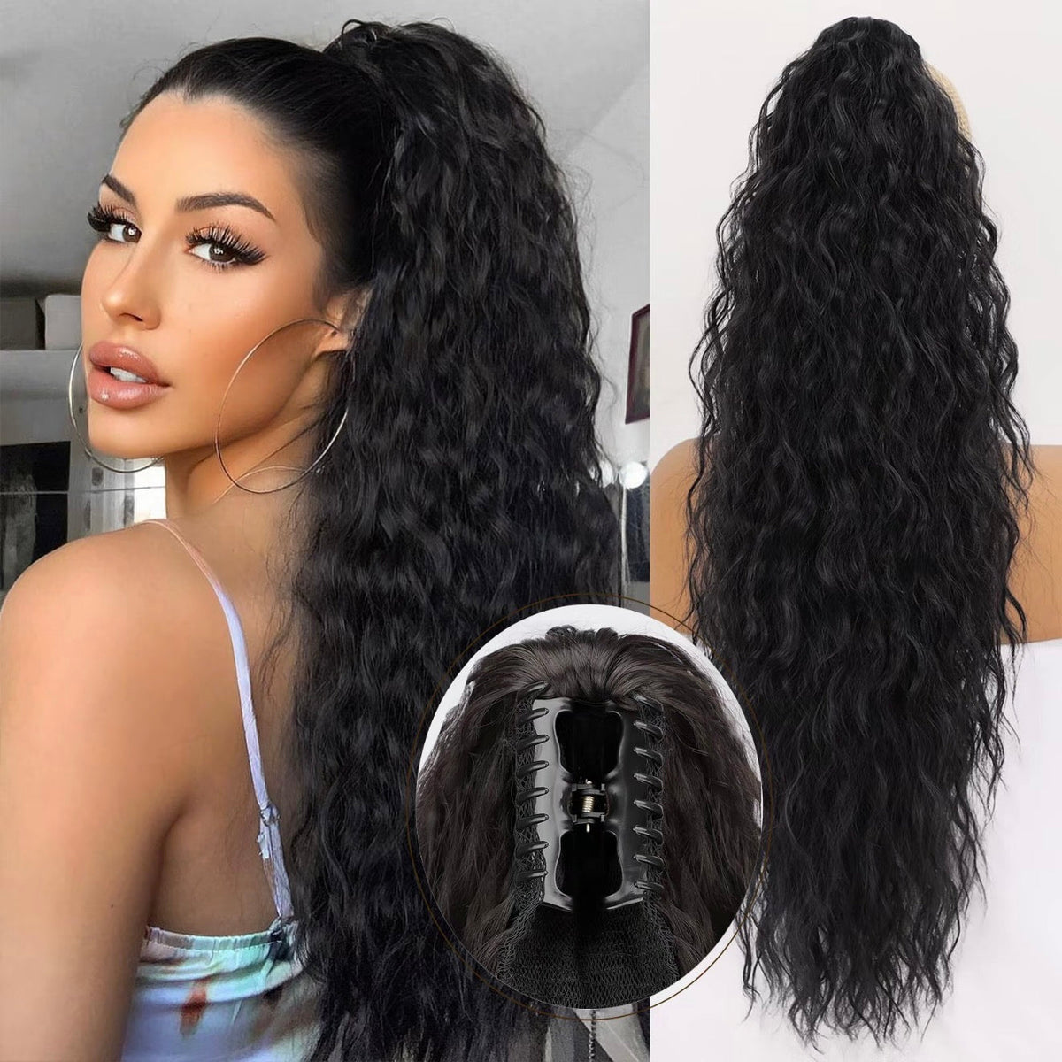 Long Wavy Ponytail Extension (Water Wave) – Voluminous Claw Clip Ponytail for Everyday & Parties