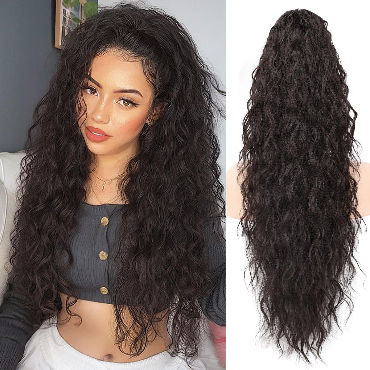 Long Wavy Ponytail Extension (Water Wave) – Voluminous Claw Clip Ponytail for Everyday & Parties