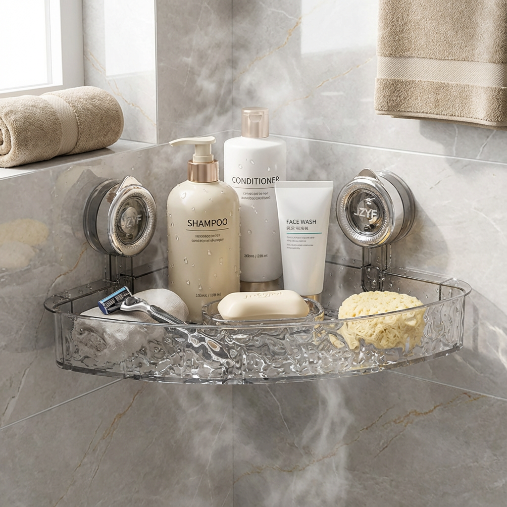 Bathroom Corner Shelf with Suction Cups – No-Drilling Storage Organizer