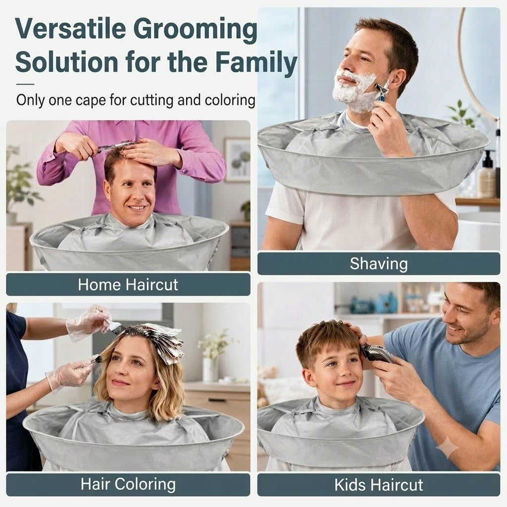 Waterproof Hair Cutting Cape with Catcher – Foldable Umbrella Hairdressing Cloak for Home Haircuts