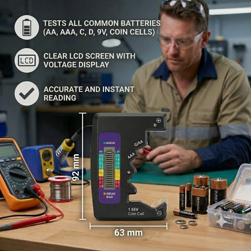 Digital Battery Tester with LCD Screen – Measures Capacity for AA, AAA, C, D, 9V, and Button Cell Batteries 🔋
