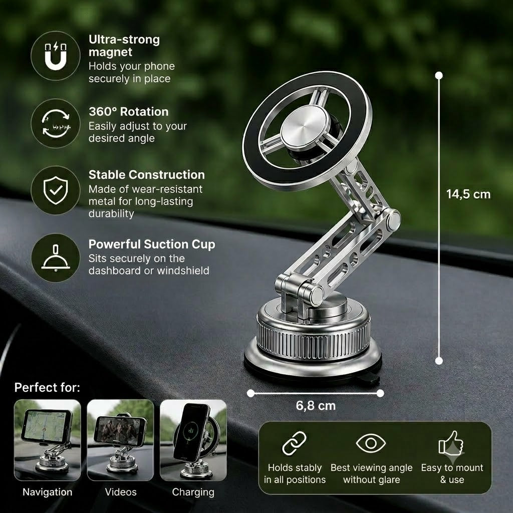 Full-Metal Magnetic Car Phone Mount with Ultra-Strong Suction Cup