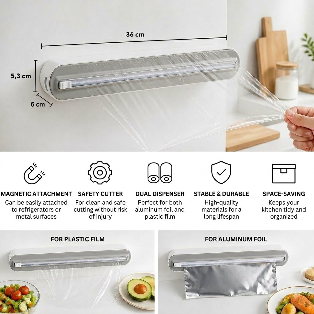 Magnetic Wall-Mounted Foil & Cling Film Dispenser with Safety Cutter