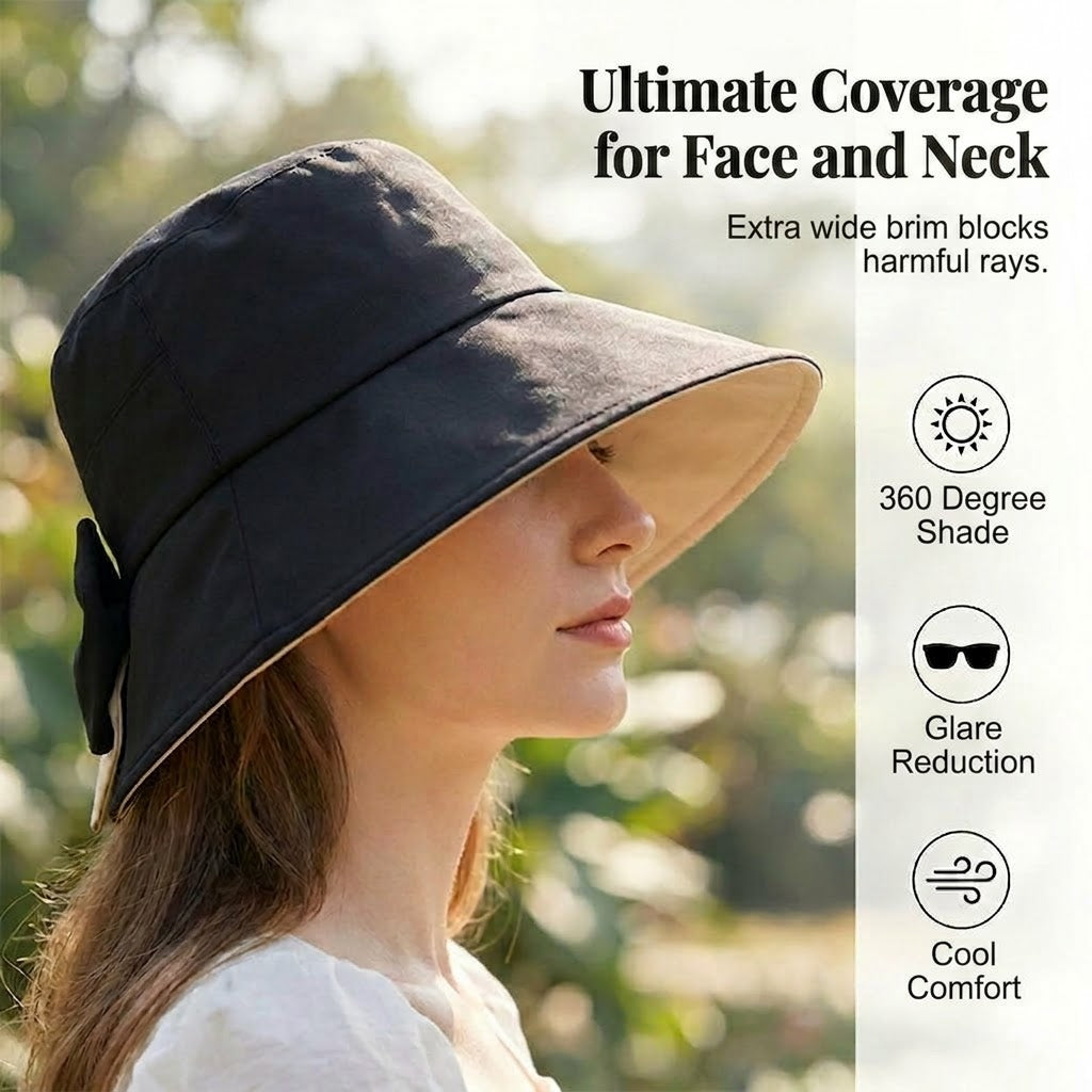 🎀 Women's Wide-Brim Sun Hat with Bow – Foldable