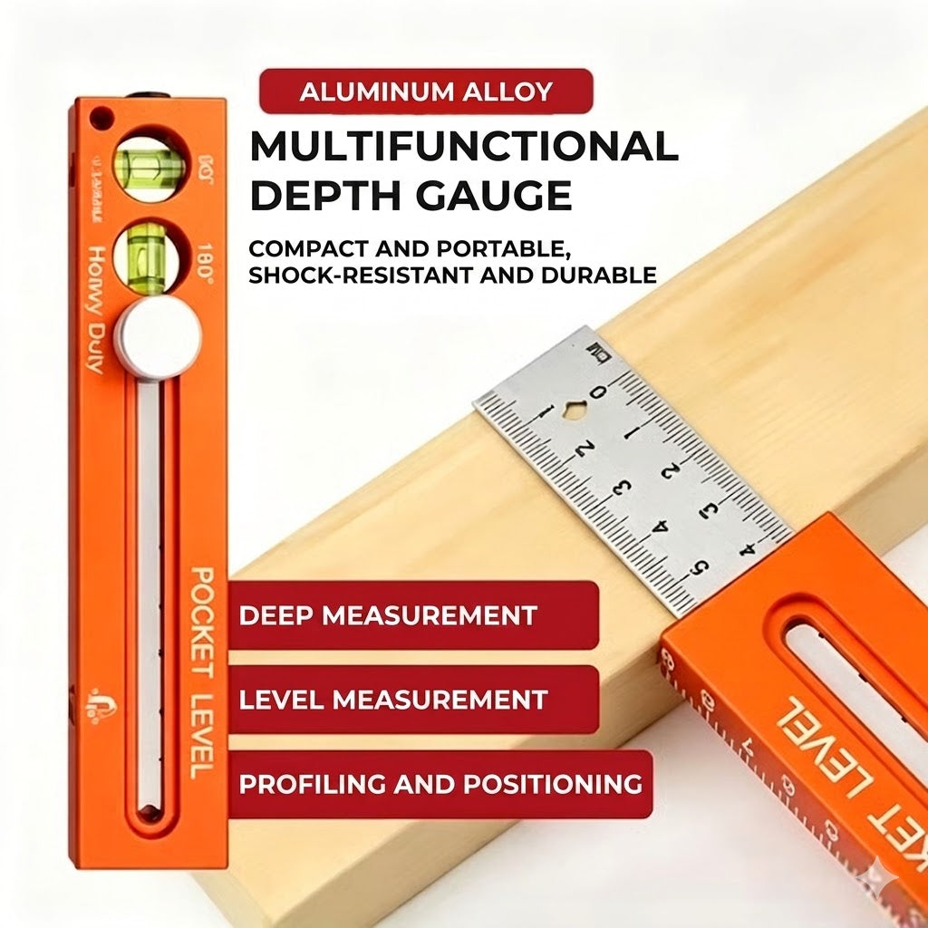 Multifunctional Depth Gauge with Spirit Level - Measuring Tool for Woodworking & DIY