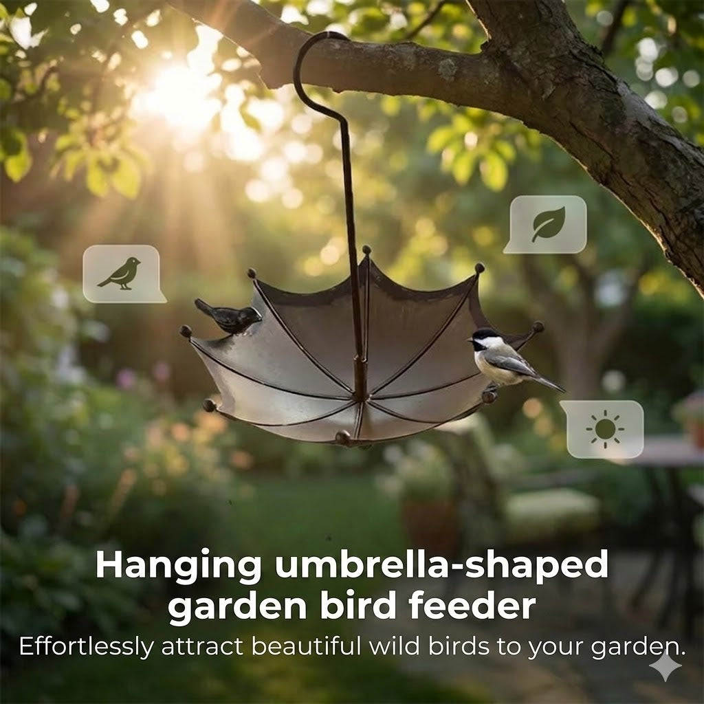Hanging Bird Feeder and Drinking Bowl – Umbrella-Shaped Feeder Silo – 2-in-1 Feeding Station