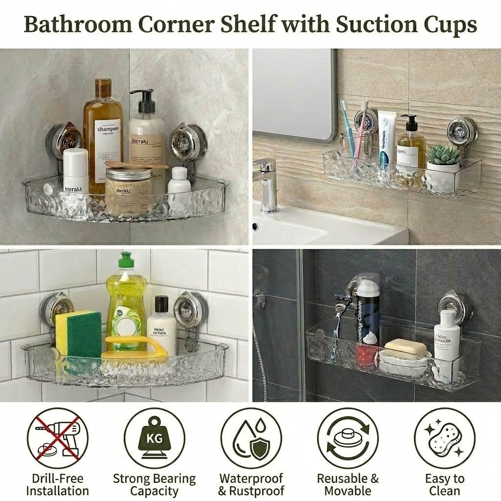 Bathroom Corner Shelf with Suction Cups – No-Drilling Storage Organizer