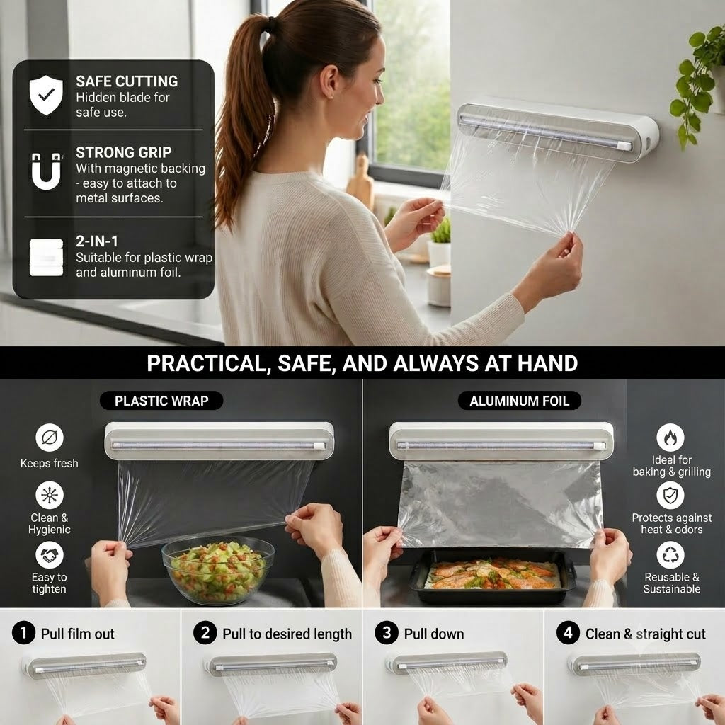 Magnetic Wall-Mounted Foil & Cling Film Dispenser with Safety Cutter