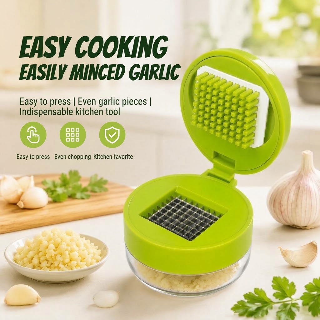 Compact garlic press with collection tray