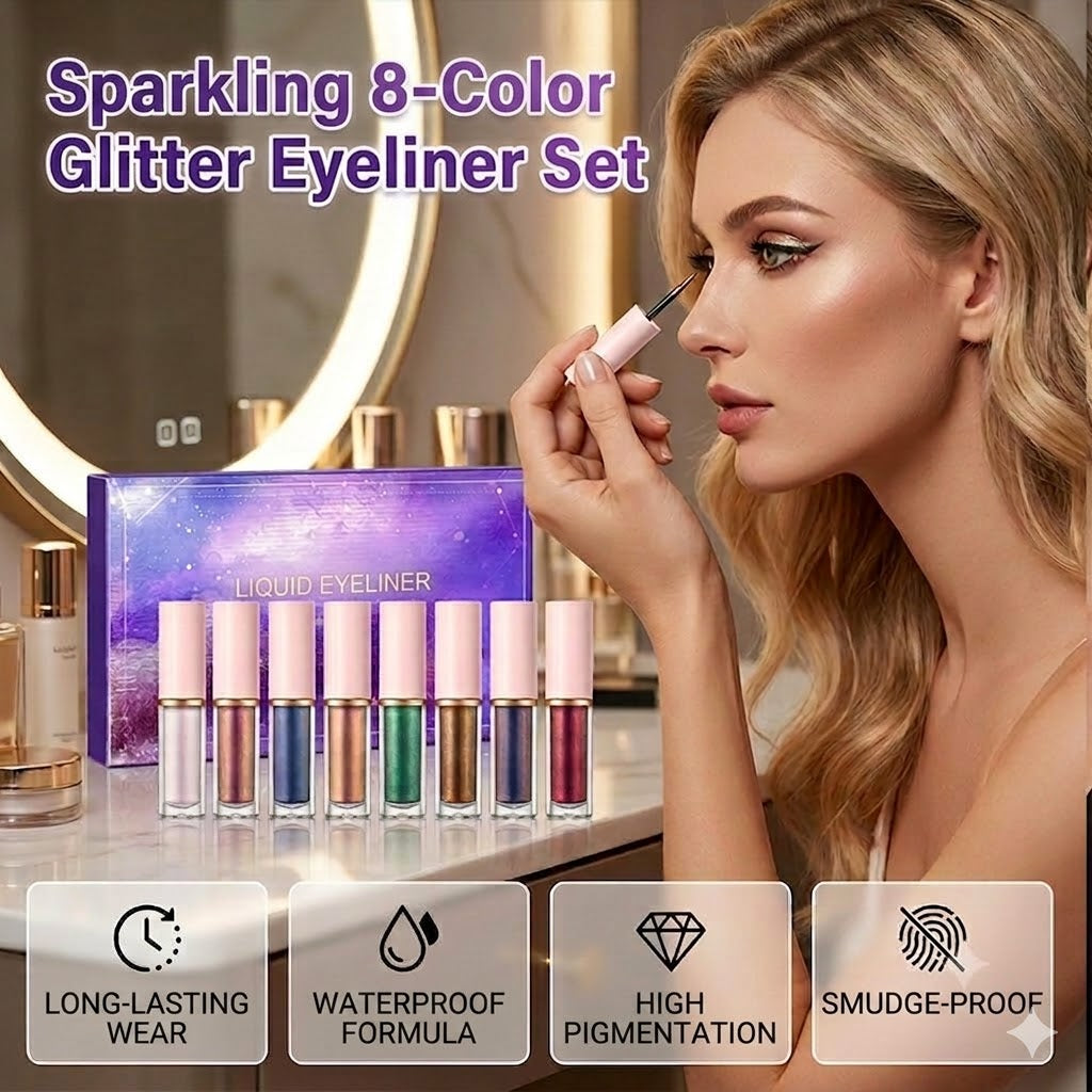 ✨ 8-Piece Glitter Liquid Eyeliner Set