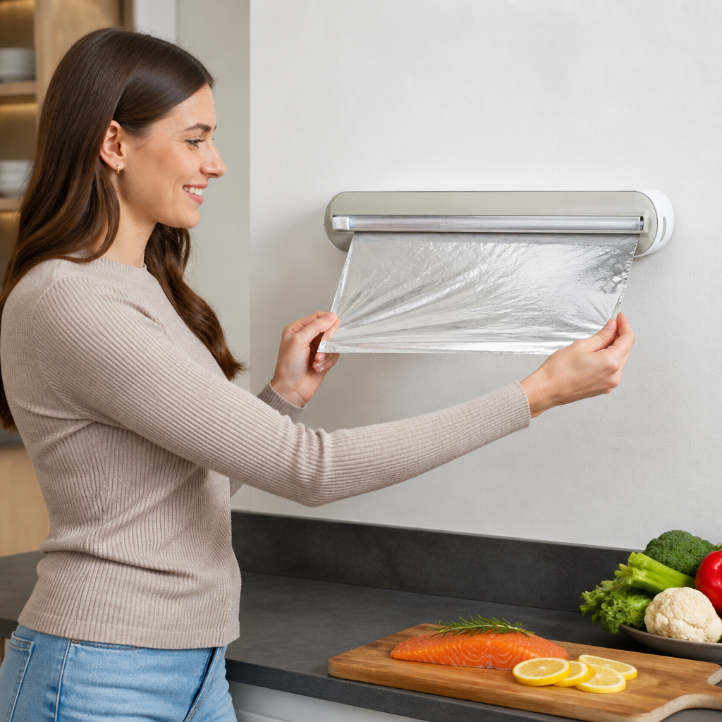 Magnetic Wall-Mounted Foil & Cling Film Dispenser with Safety Cutter
