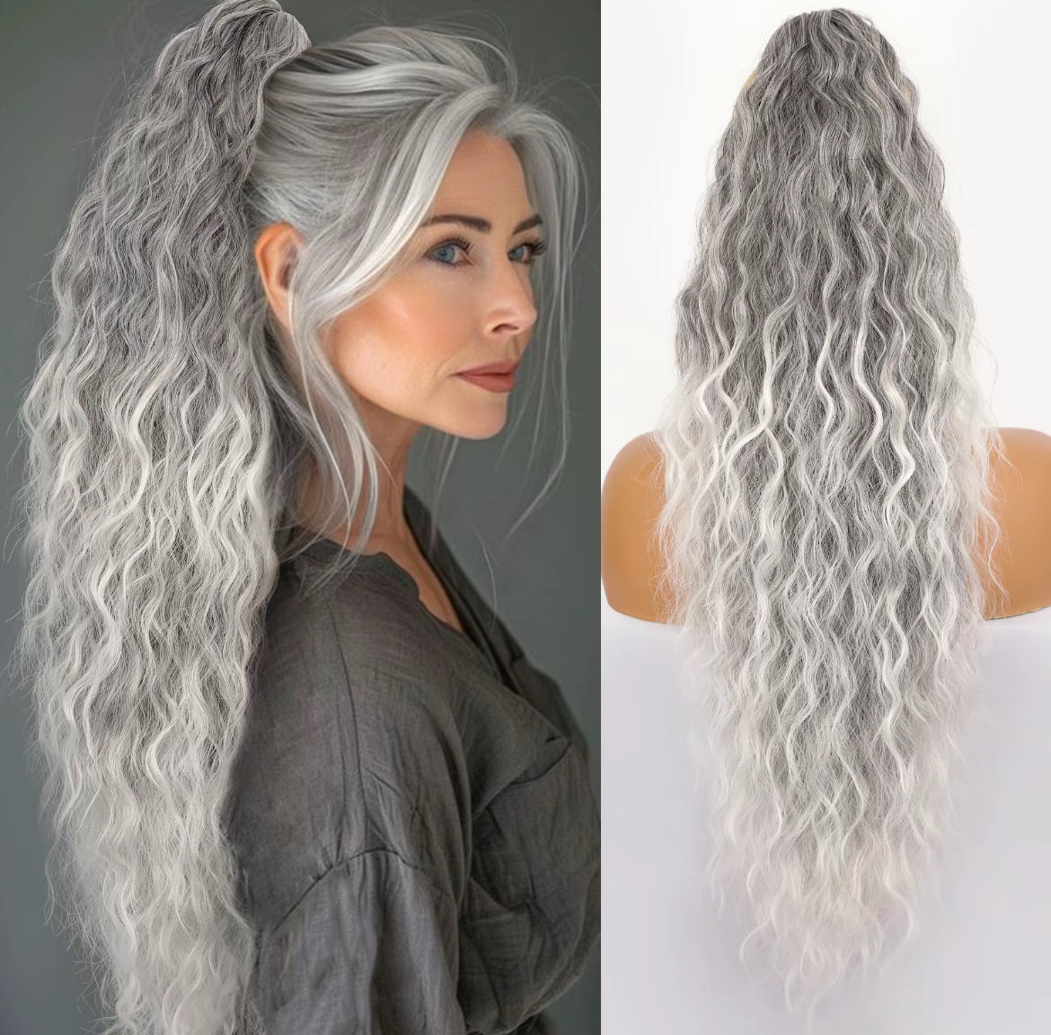 Long Wavy Ponytail Extension (Water Wave) – Voluminous Claw Clip Ponytail for Everyday & Parties