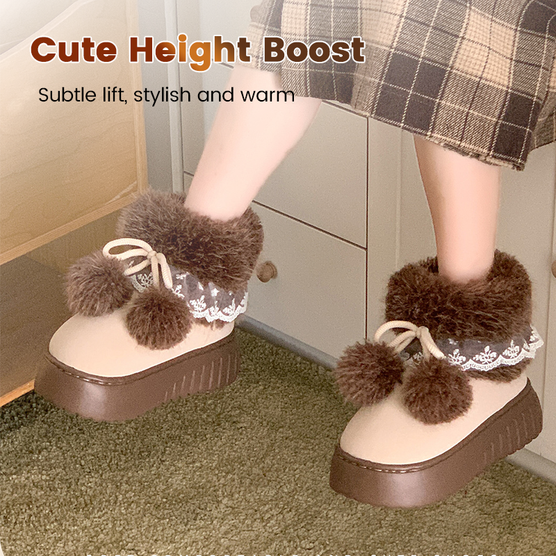 Warm Platform Slippers with Pom-Poms