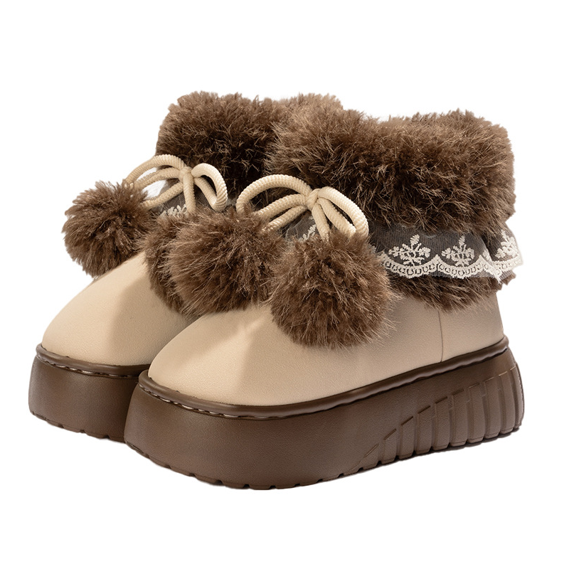 Warm Platform Slippers with Pom-Poms