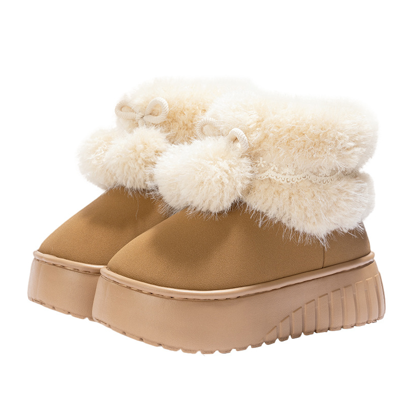 Warm Platform Slippers with Pom-Poms