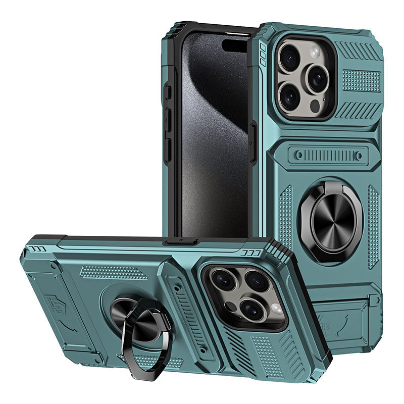 Shockproof iPhone Case with Card Holder and Integrated Ring Holder