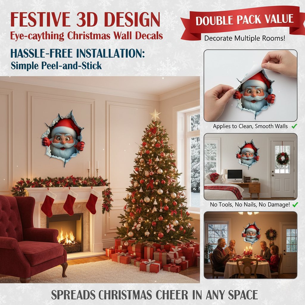 3D Christmas Wall Sticker, 1 Set (2 pcs) | Create Christmas Atmosphere in One Minute