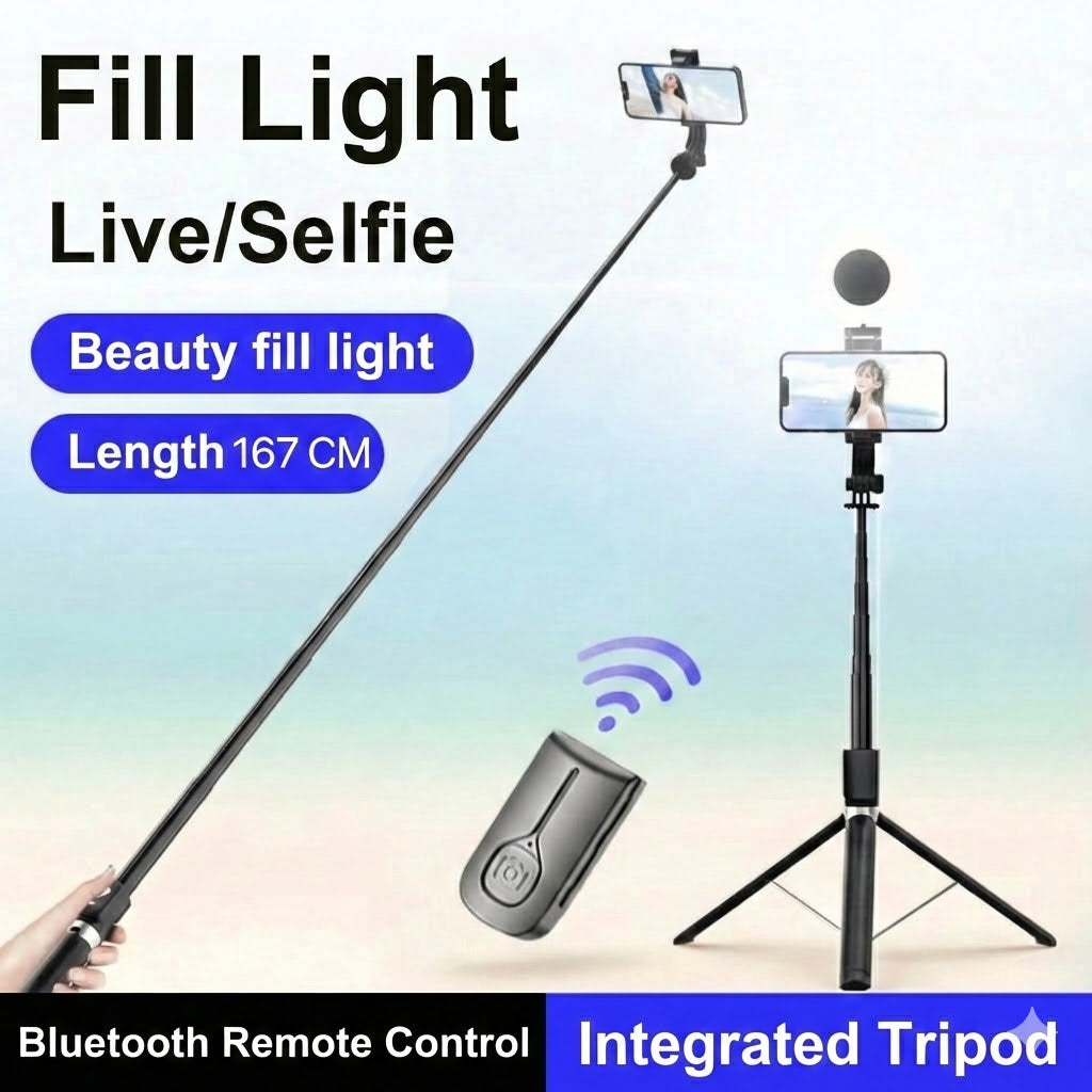 6-in-1 Selfie Stick Tripod with Light – Bluetooth Tripod with Remote (For iPhone & Android)