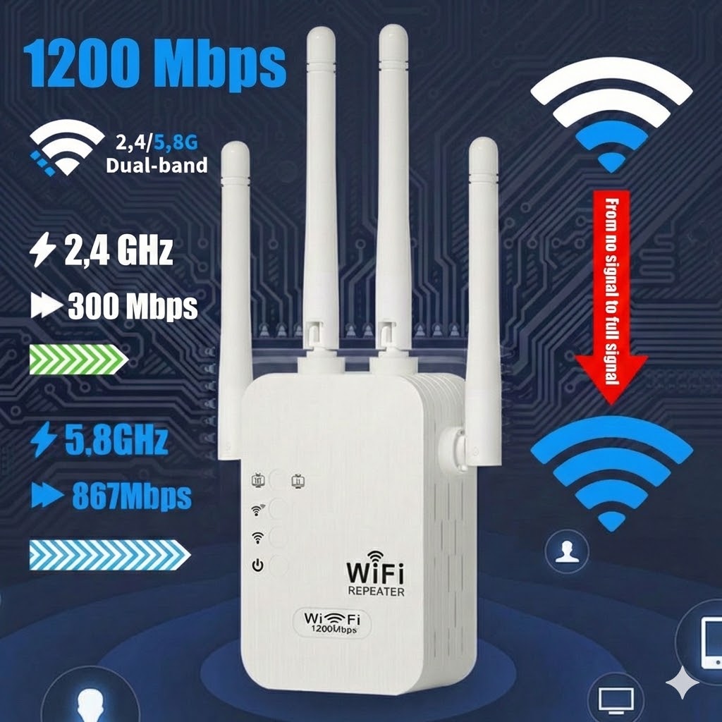 1200Mbps WiFi Range Extender - Dual Band (5GHz & 2.4GHz) WiFi Repeater with Ethernet Port & WPS