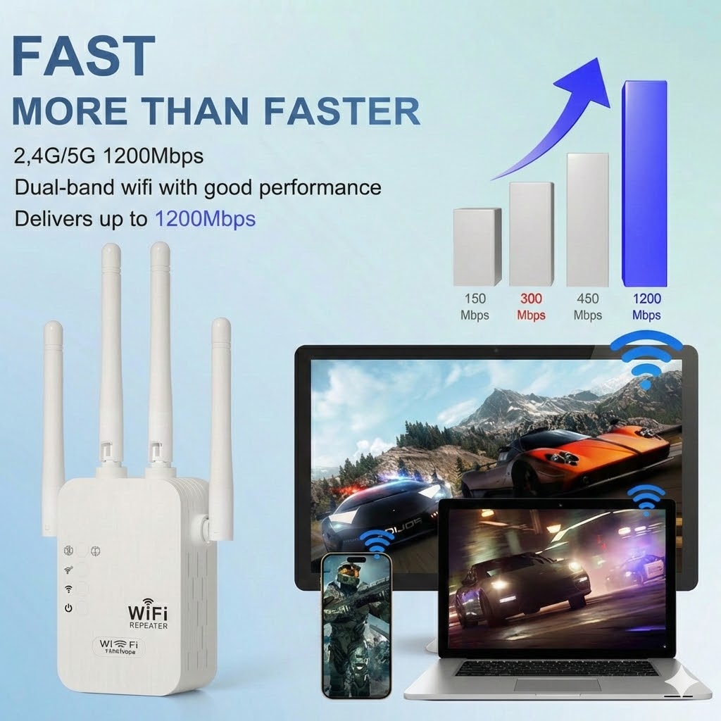 1200Mbps WiFi Range Extender - Dual Band (5GHz & 2.4GHz) WiFi Repeater with Ethernet Port & WPS