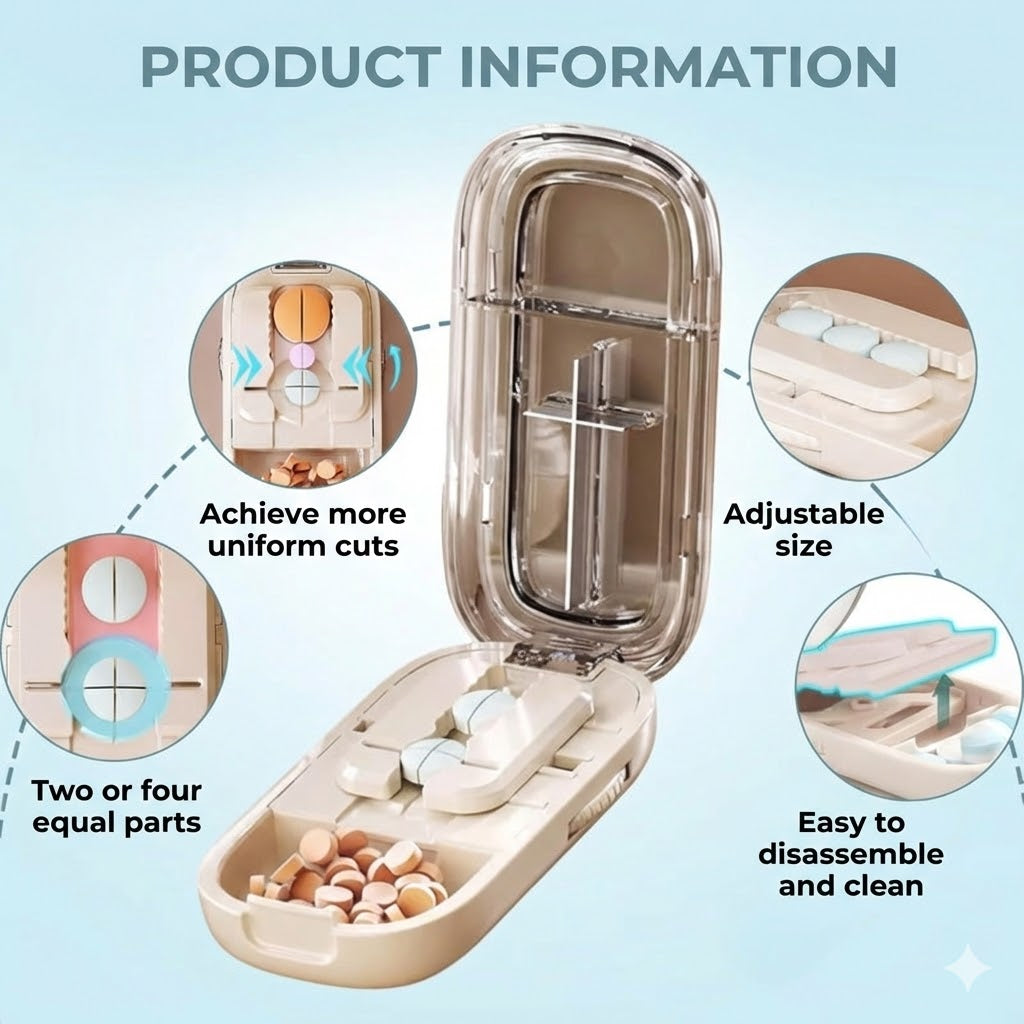 2-in-1 Pill Cutter & Splitter – Adjustable for All Sizes – Accurate Precision Cutting (Transparent)